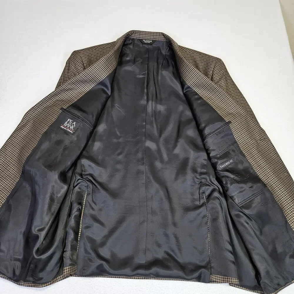 Jos A Bank Blazer Mens 48L Tailored Fit Signature Wool Silk Check Brown Black